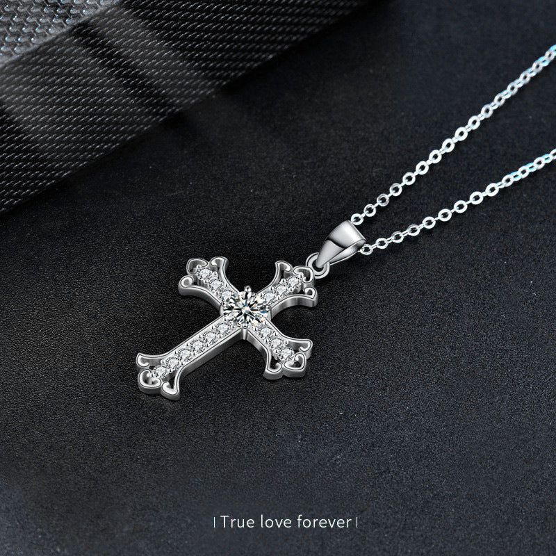 S925 Sterling Silver Moissanite Cross Necklace for Men and Women – Delicate Cross Pendant Elegant Collarbone Chain