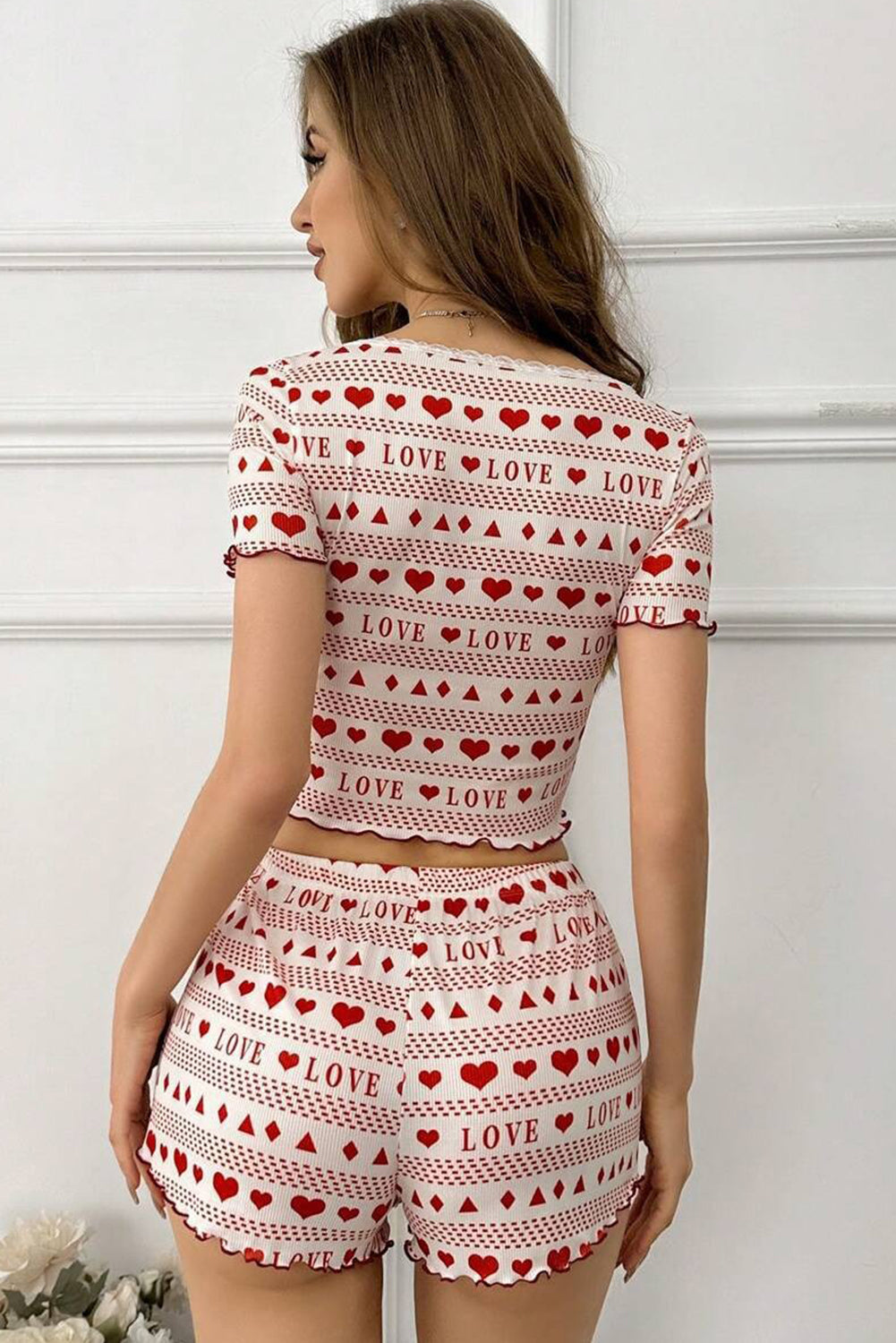Red Heart Love Print Lace Trim Neck Crop Top and Shorts Pajama Set