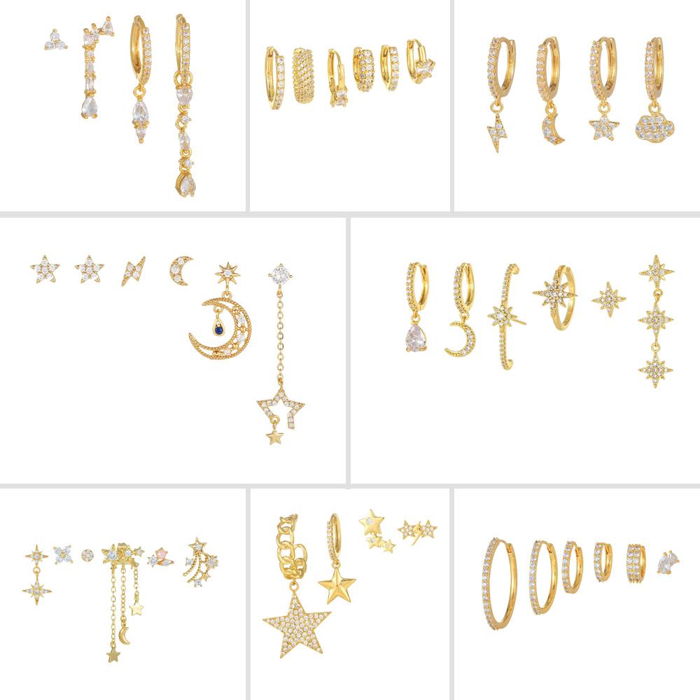 4 Pieces Celestial Drops Earring Set, 18k Gold Hoop with Drops, S925 Needle, Stacked Lobe Designs with Dazzling Zirconia