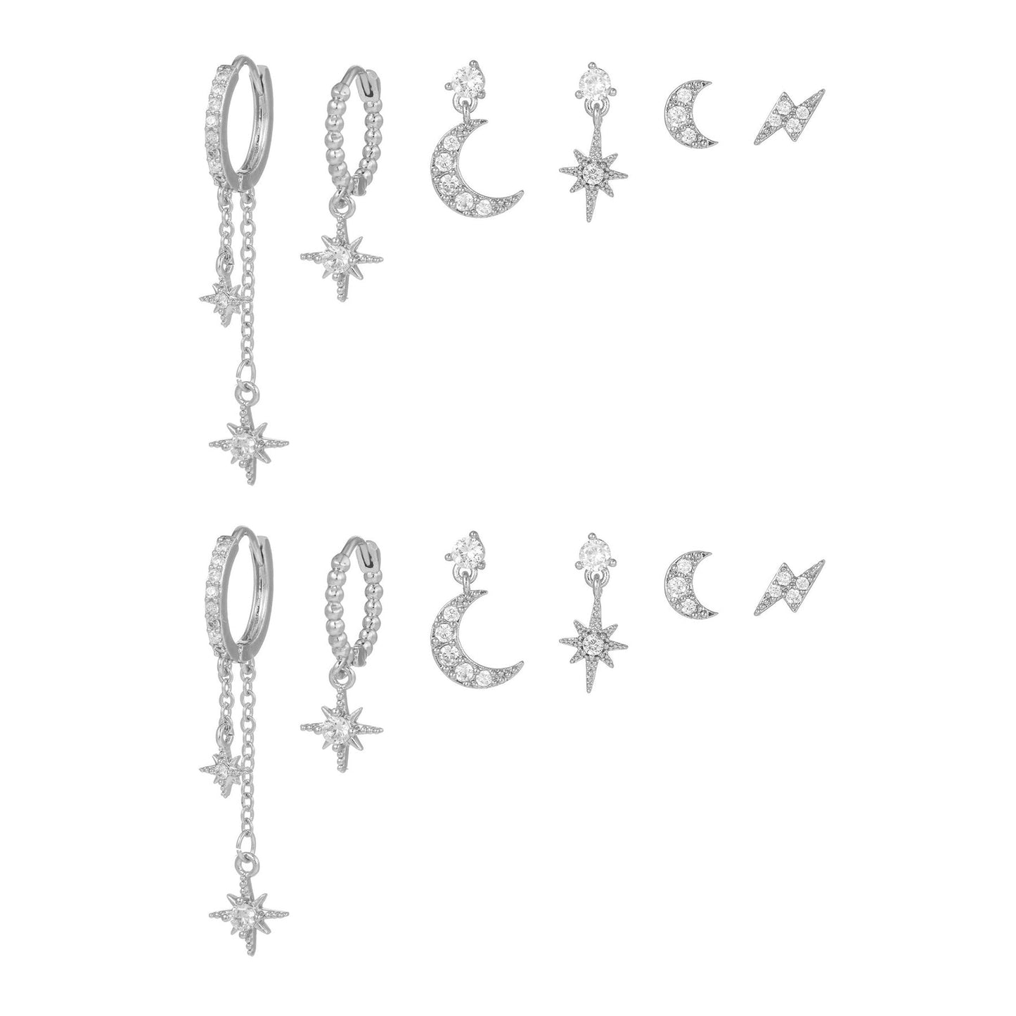 6pcs Celestial Star Moon Earrings Set, S925 Silver Posts, 18K Gold & White Gold Stud Drop Hoop, Stacked Lobe CZ Jewelry Gift Cubic Zirconia