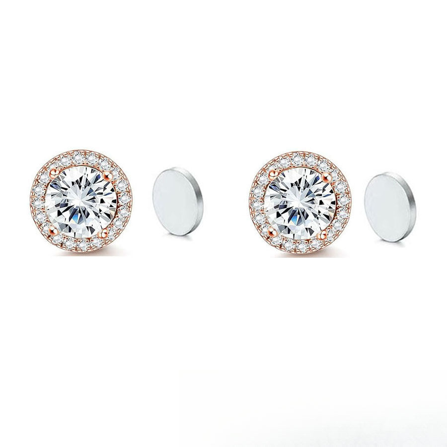 Stainless Steel Magnetic CZ Round Halo Stud Earrings for Men Women, Round Cubic Zirconia Inlaid Magnetic Earrings Non-Piercing Clip On Stud Earring