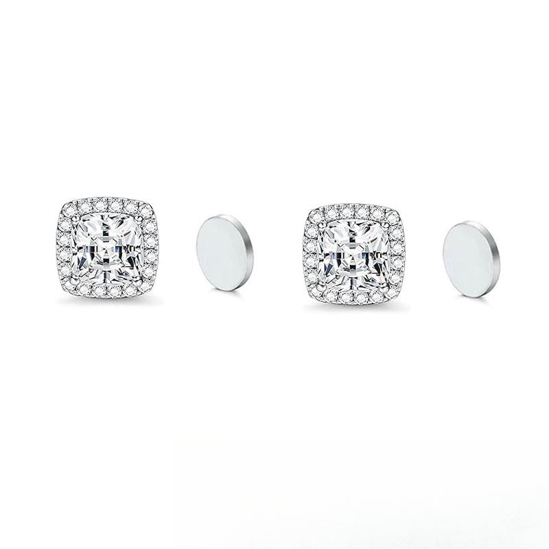 Stainless Steel Magnetic CZ Square Halo Stud Earrings for Men Women, Square Cubic Zirconia Inlaid Magnetic Earrings Non-Piercing Clip On Stud Earring