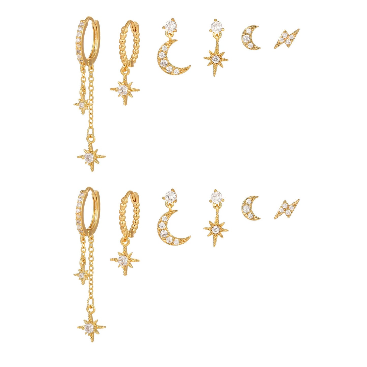 6pcs Celestial Star Moon Earrings Set, S925 Silver Posts, 18K Gold & White Gold Stud Drop Hoop, Stacked Lobe CZ Jewelry Gift Cubic Zirconia