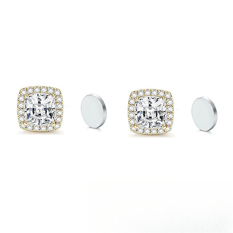 Stainless Steel Magnetic CZ Square Halo Stud Earrings for Men Women, Square Cubic Zirconia Inlaid Magnetic Earrings Non-Piercing Clip On Stud Earring