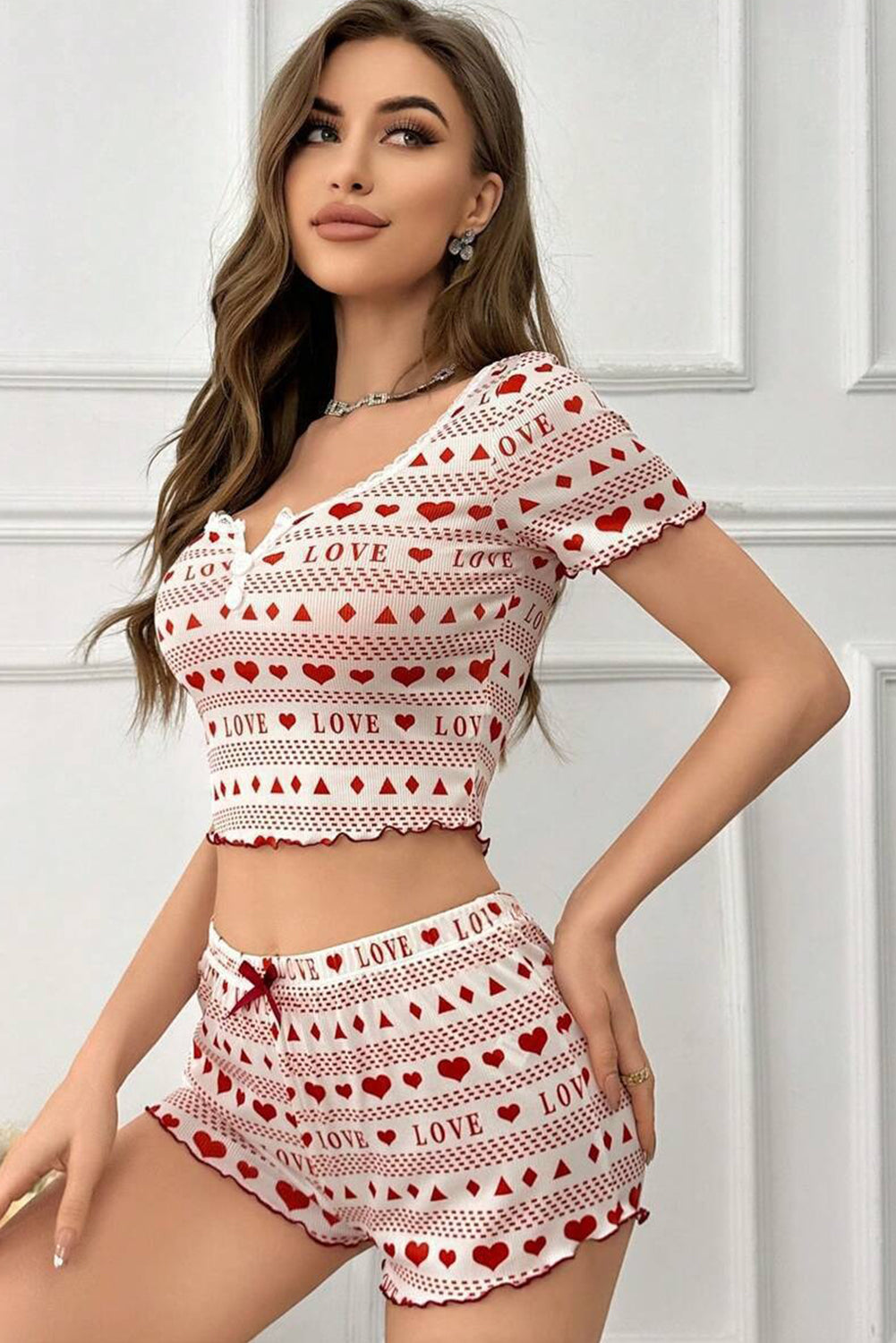Red Heart Love Print Lace Trim Neck Crop Top and Shorts Pajama Set