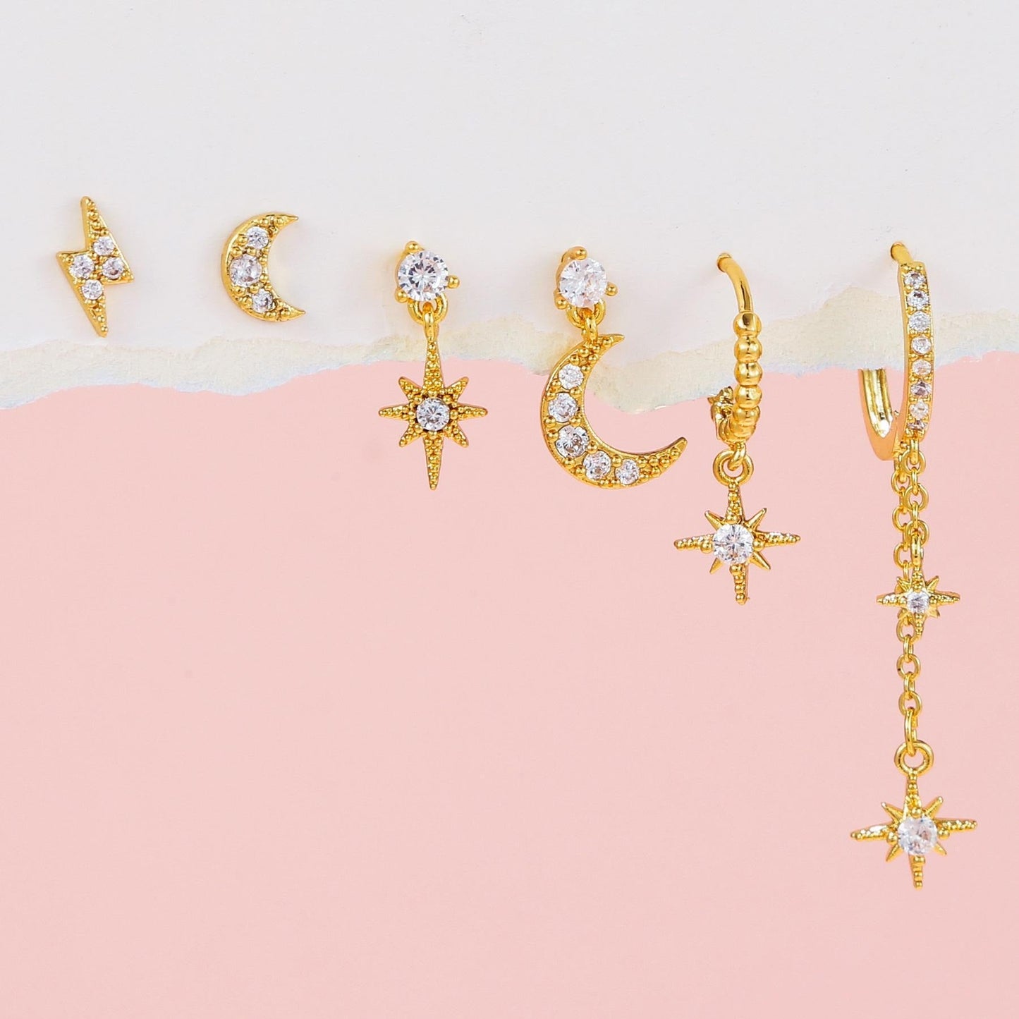 6pcs Celestial Star Moon Earrings Set, S925 Silver Posts, 18K Gold & White Gold Stud Drop Hoop, Stacked Lobe CZ Jewelry Gift Cubic Zirconia