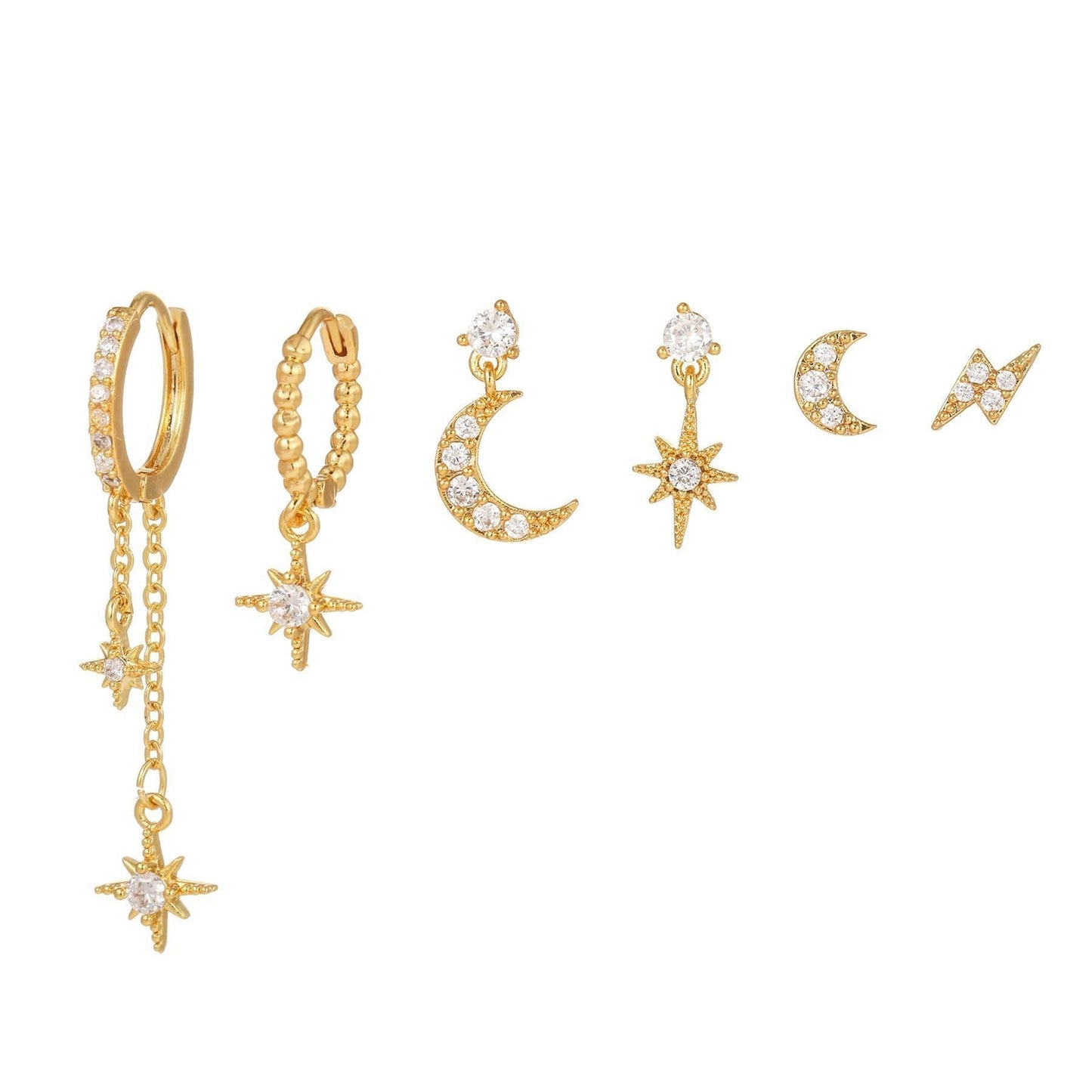 6pcs Celestial Star Moon Earrings Set, S925 Silver Posts, 18K Gold & White Gold Stud Drop Hoop, Stacked Lobe CZ Jewelry Gift Cubic Zirconia