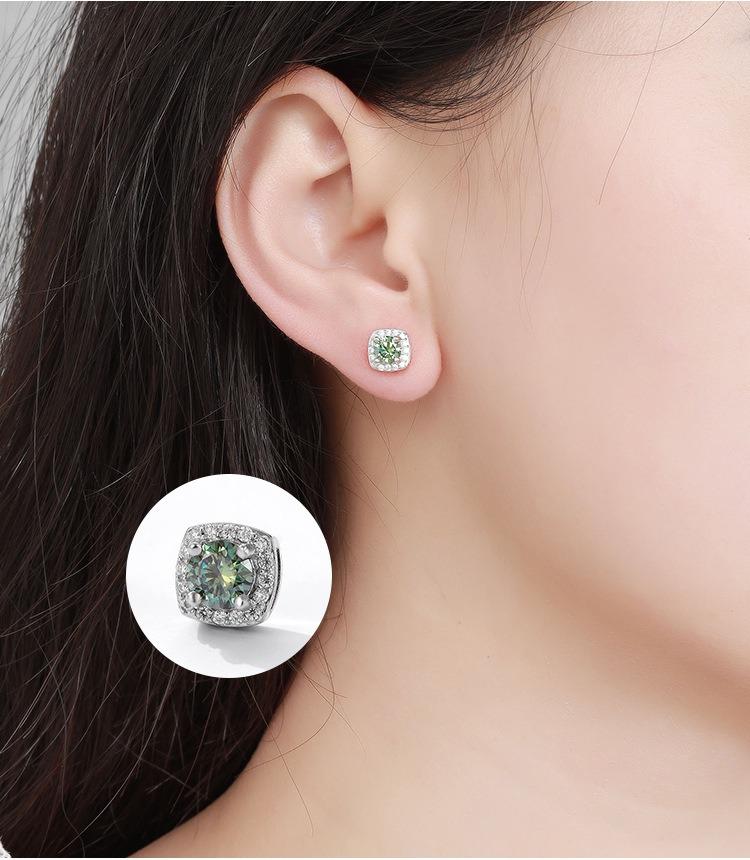 S925 Magnetic Multicolor Moissanite Square Halo Stud Earrings for Men Women, 0.5/1ct Round Cut, Inlaid Magnetic Earrings Non-Piercing Clip On Stud Earring