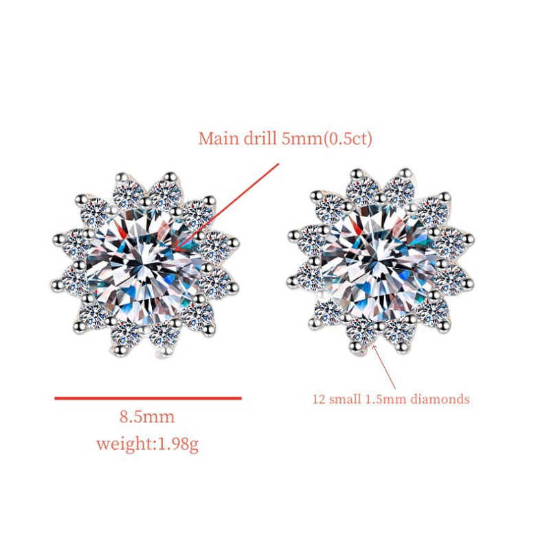 S925 Moissanite/CZ Sunflower Halo Stud Earrings, 0.5ct D-Grade VVS Certificate, Hypoallergenic Sterling Silver Jewelry Gift