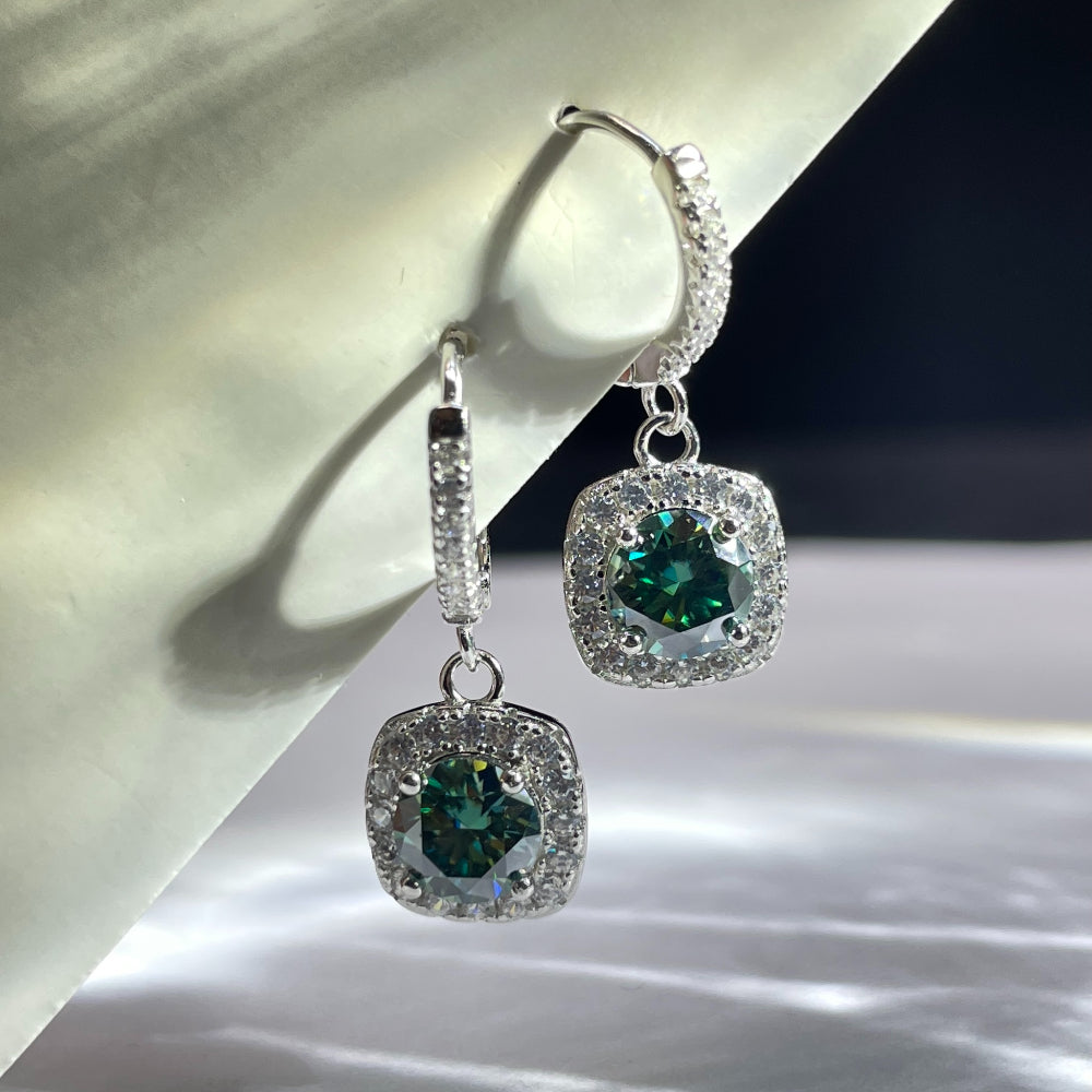 S925 Emerald Green Moissanite or CZ Square Halo Earrings with Pavé-Set Halo & Hoop, 1ct D-Grade VVS1 Round Moissanite with GAR certification, Sterling Silver Earrings