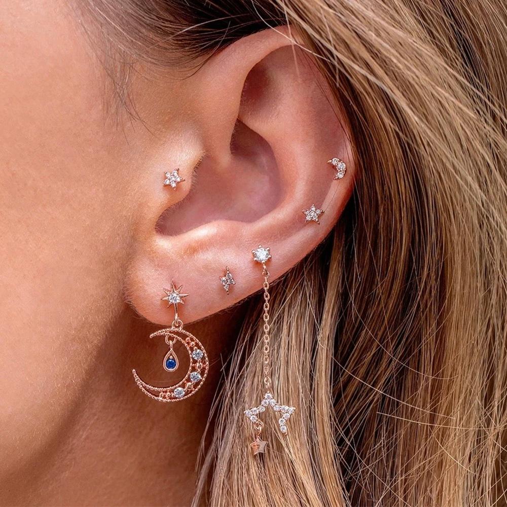 4 Pieces Celestial Drops Earring Set, 18k Gold Hoop with Drops, S925 Needle, Stacked Lobe Designs with Dazzling Zirconia