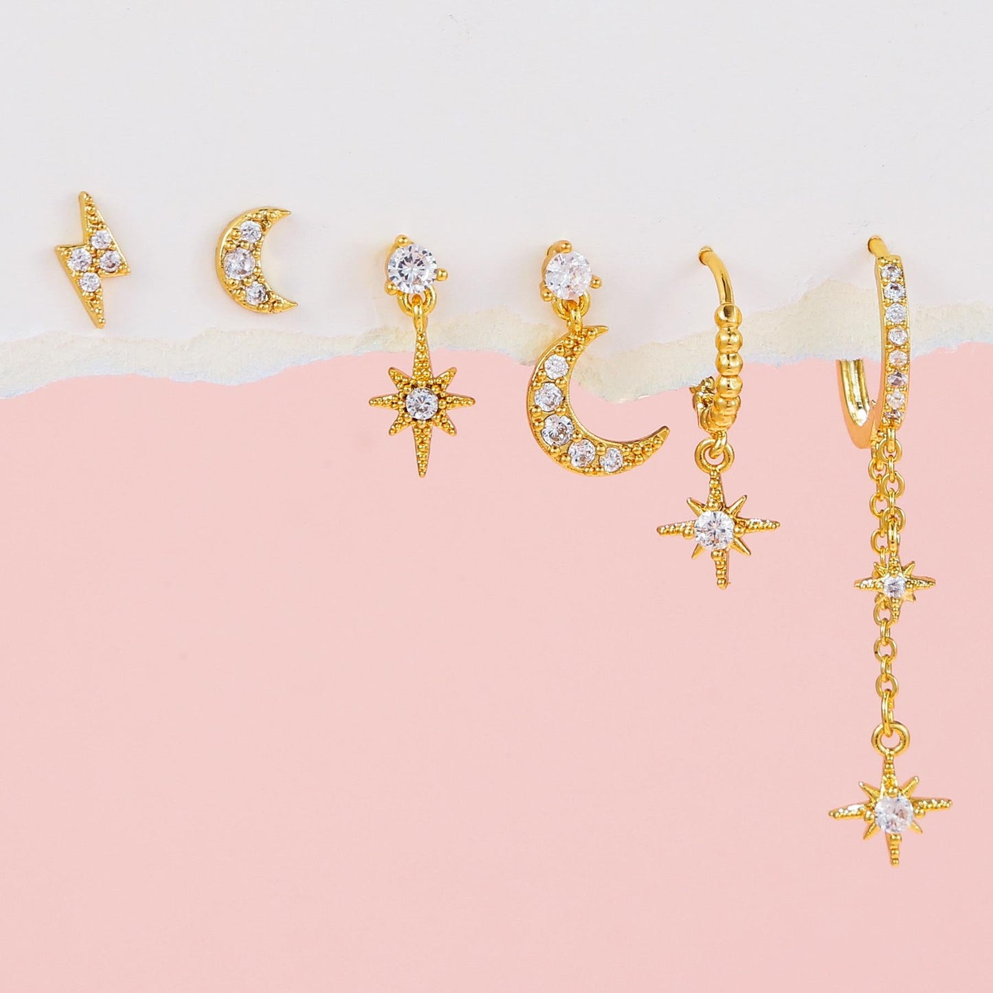 Multi Sets of Chic Star&Moon Earrings, 3-6pcs, 18k Gold Plated Stud Drop Hoop Huggie Cuff Chain, S925 Needle, Stacked Lobe Designs with Dazzling Zirconia