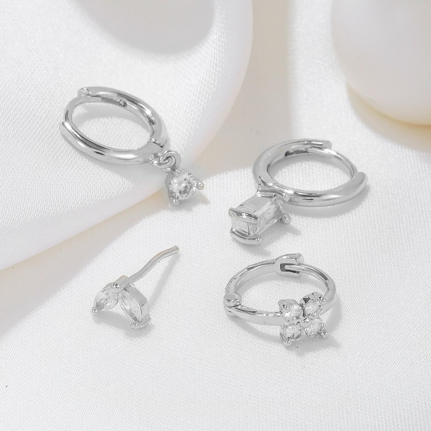 4 Pieces Geometric Zircon Stud Earring Set, 18k Gold Plated Ear Studs and Drops, Trendy Sweet Cool Earrings, S925 Needle, Stacked Lobe Designs with Dazzling Zirconia