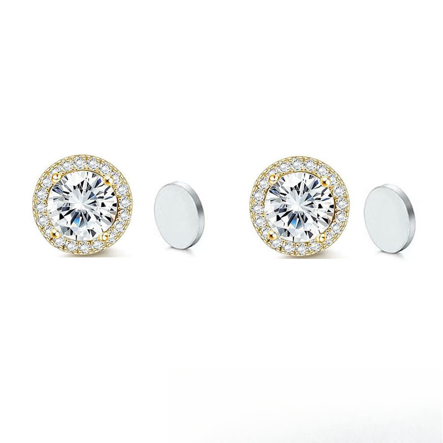 Stainless Steel Magnetic CZ Round Halo Stud Earrings for Men Women, Round Cubic Zirconia Inlaid Magnetic Earrings Non-Piercing Clip On Stud Earring