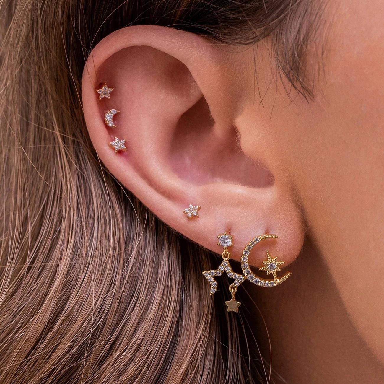 4 Pieces Celestial Drops Earring Set, 18k Gold Hoop with Drops, S925 Needle, Stacked Lobe Designs with Dazzling Zirconia