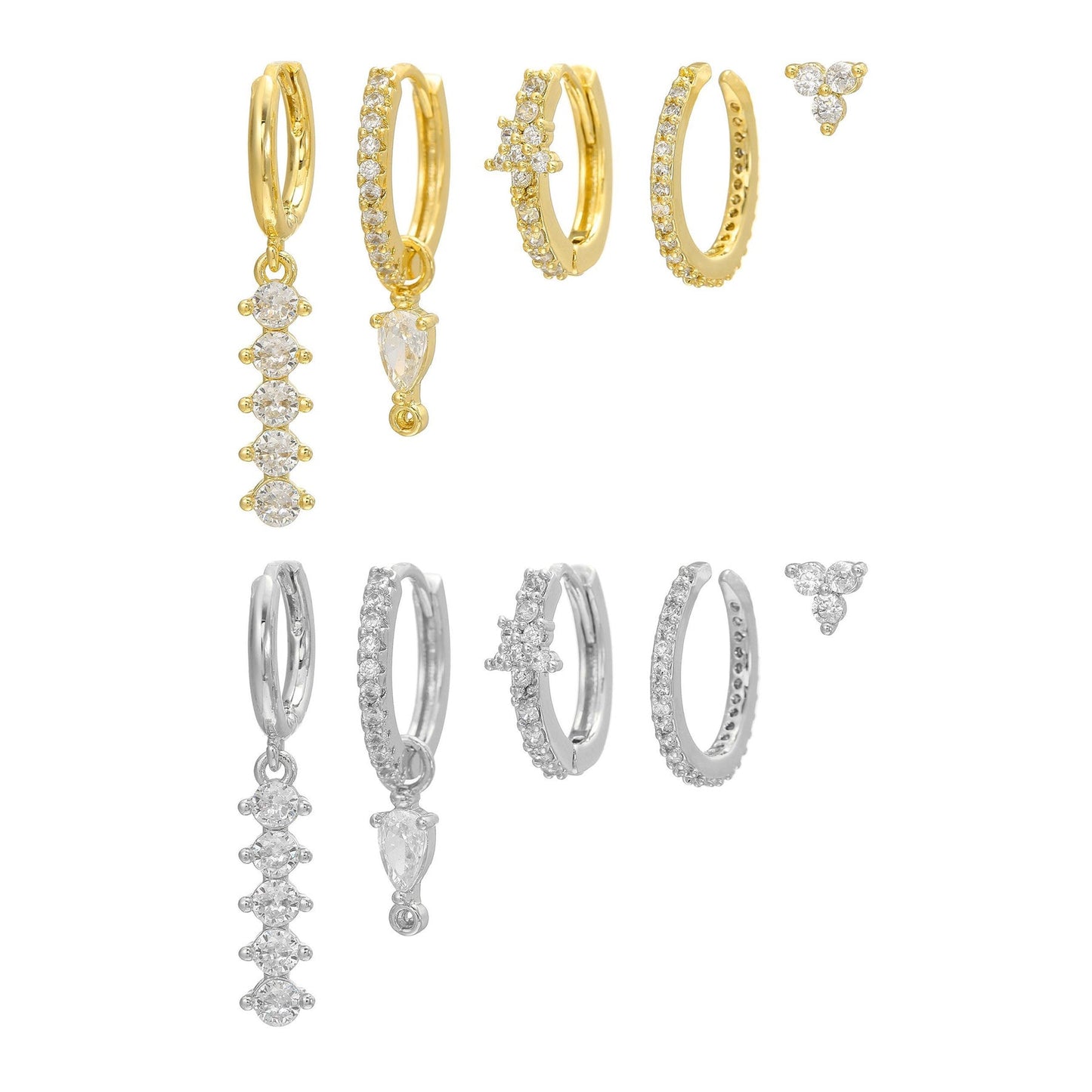 5 Pieces Simple Clover Single-Row Serrated Ear Cuff Earring Set, 18k Gold-Plated Teardrop Zircon Earrings, S925 Needle, Stacked Lobe Designs with Dazzling Zirconia
