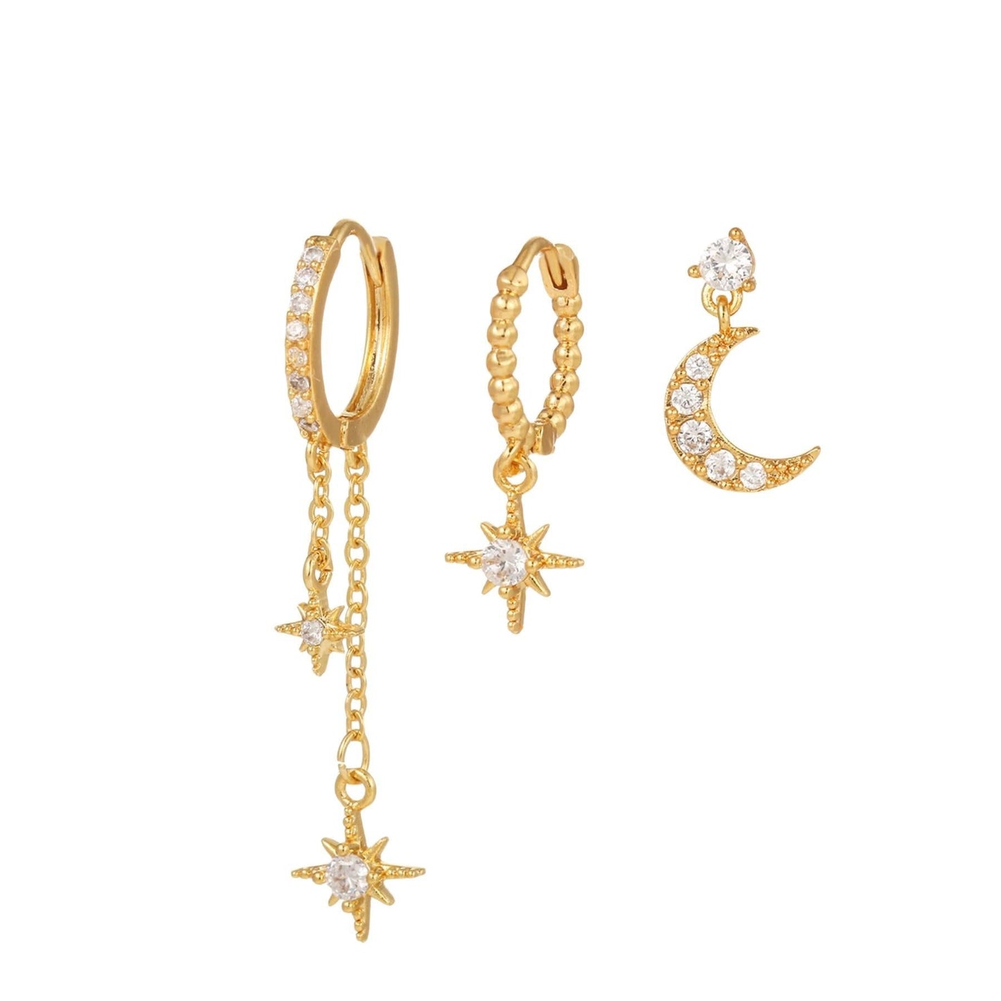 Multi Sets of Chic Star&Moon Earrings, 3-6pcs, 18k Gold Plated Stud Drop Hoop Huggie Cuff Chain, S925 Needle, Stacked Lobe Designs with Dazzling Zirconia