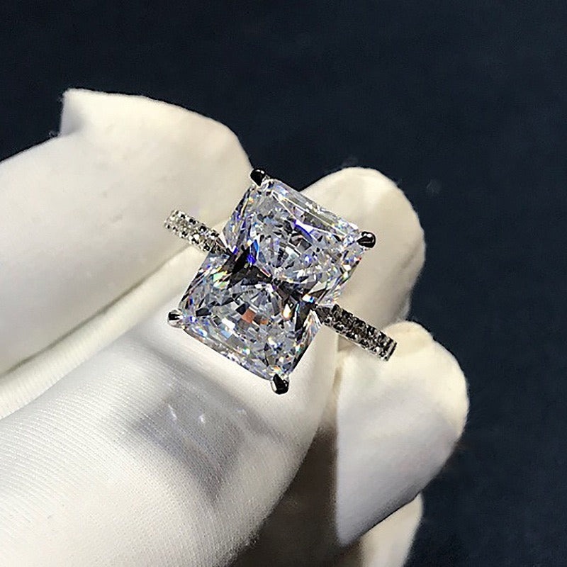 Stunning Radiant Cut CZ Ring, Cubic Zirconia with Pave Band, White Gold Plated Dainty Ring Jewelry for Part Men Women