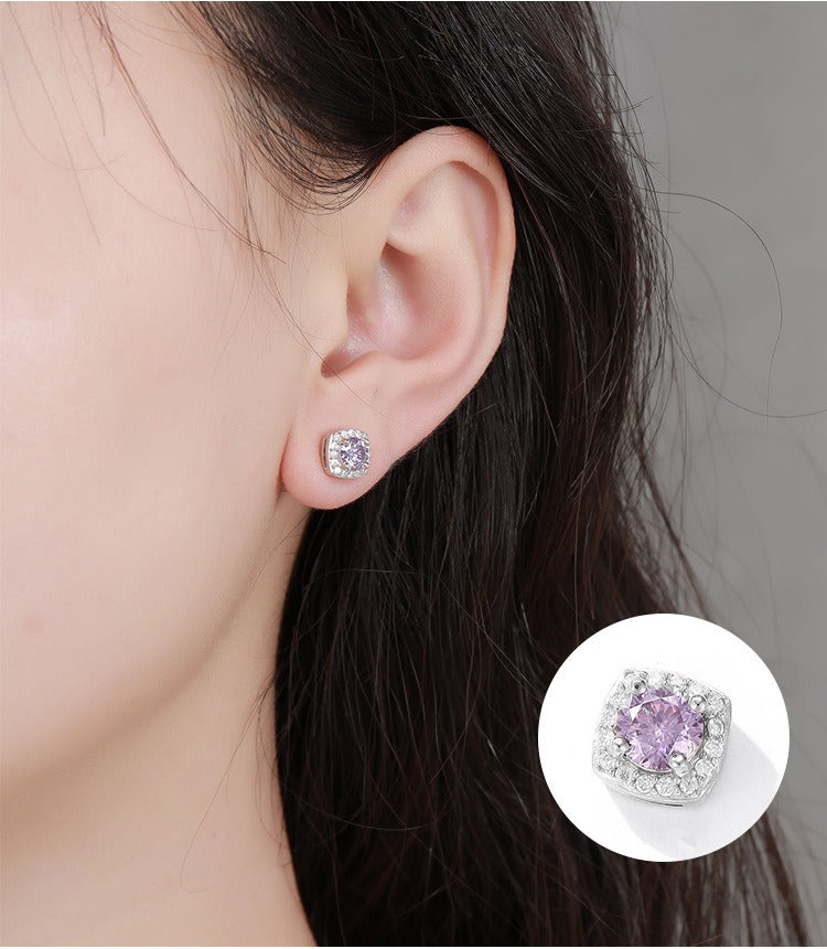 S925 Magnetic Multicolor Moissanite Square Halo Stud Earrings for Men Women, 0.5/1ct Round Cut, Inlaid Magnetic Earrings Non-Piercing Clip On Stud Earring
