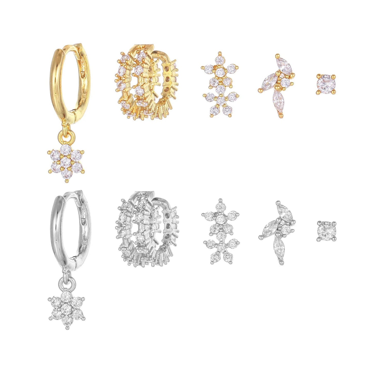 5 Pieces Floral & Geometric Zirconia Earring Set, 18k Gold Plated Studs, Drops & Hoops, S925 Needle, Stacked Lobe Designs with Dazzling Zirconia