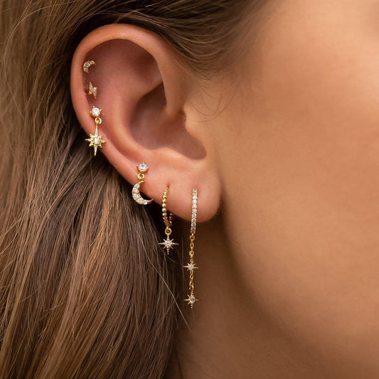 6 Pieces Radiant Hoop Layers Earring Set, 18k Gold Stud Hoop, S925 Needle, Stacked Lobe Designs with Dazzling Zirconia