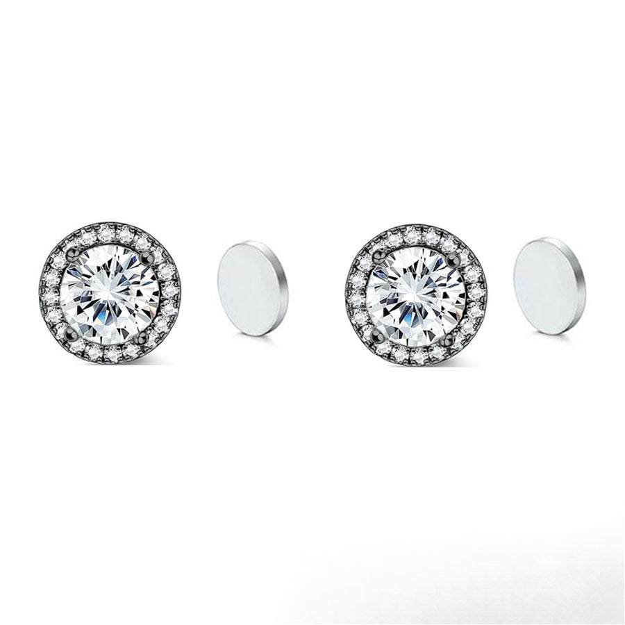 Stainless Steel Magnetic CZ Round Halo Stud Earrings for Men Women, Round Cubic Zirconia Inlaid Magnetic Earrings Non-Piercing Clip On Stud Earring