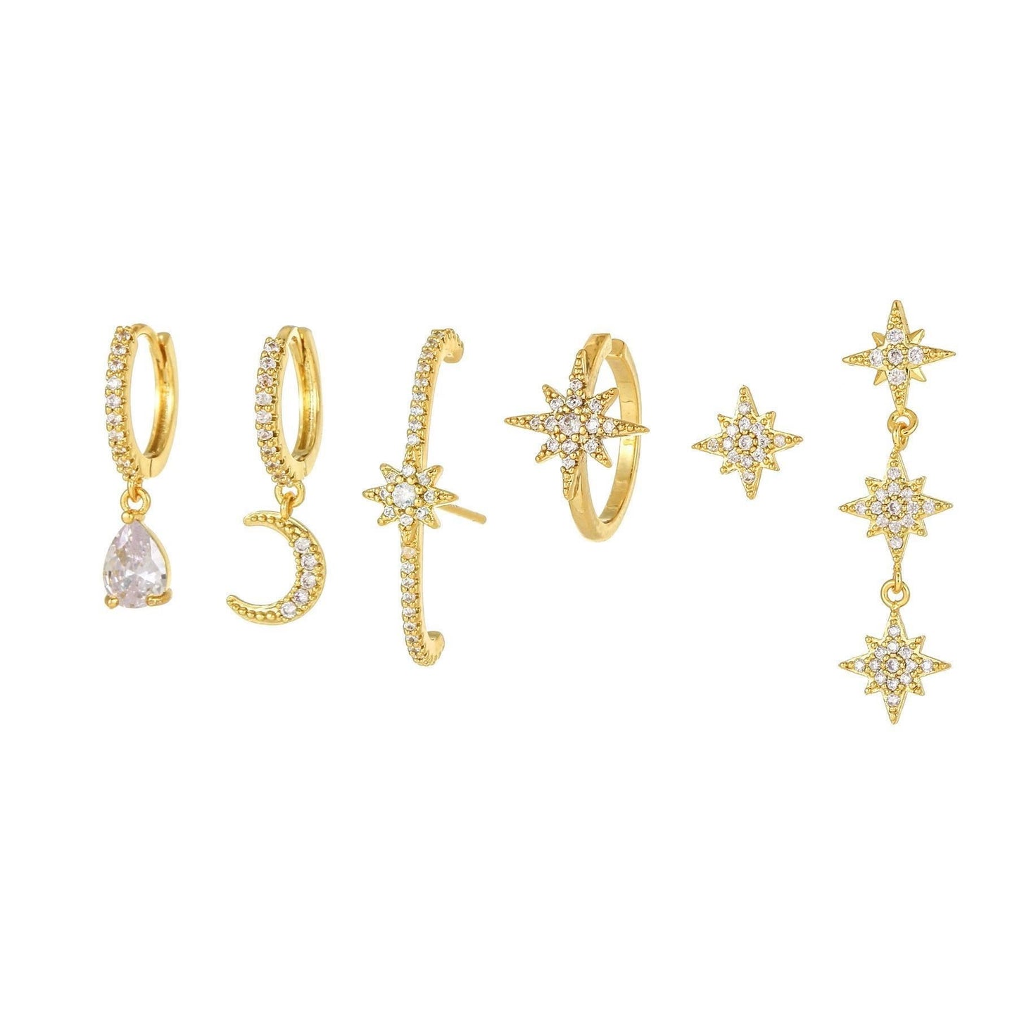 Multi Sets of Chic Star&Moon Earrings, 3-6pcs, 18k Gold Plated Stud Drop Hoop Huggie Cuff Chain, S925 Needle, Stacked Lobe Designs with Dazzling Zirconia