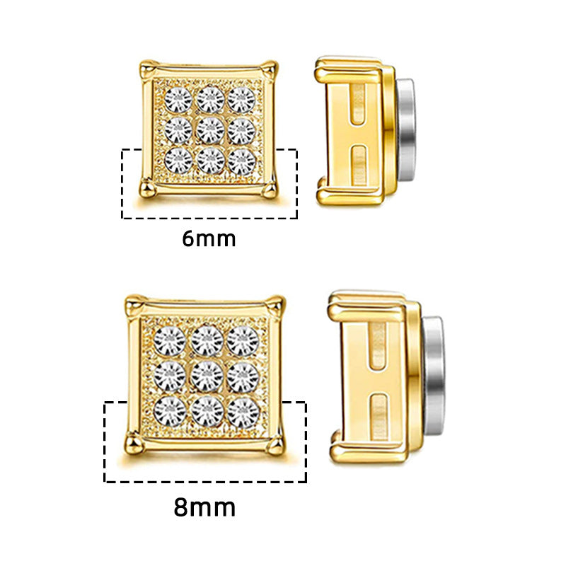 Stainless Steel Magnetic Iced Out CZ Square Stud Earrings for Men Women, 9 Mini Cubic Zirconia Inlaid Magnetic Earrings Non-Piercing Clip On Stud Earring