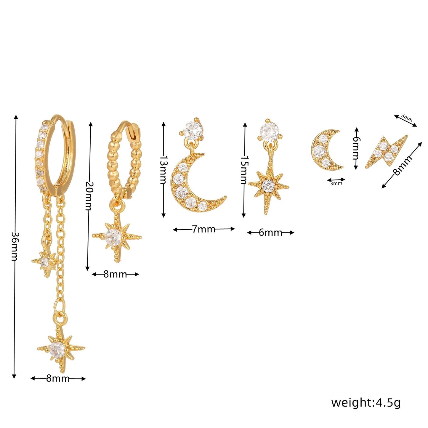 3 Pieces Lunar Starlight Glow Earring Set, 18k Gold and White Gold Stud Drop Hoop, S925 Needle, Stacked Lobe Designs with Dazzling Zirconia