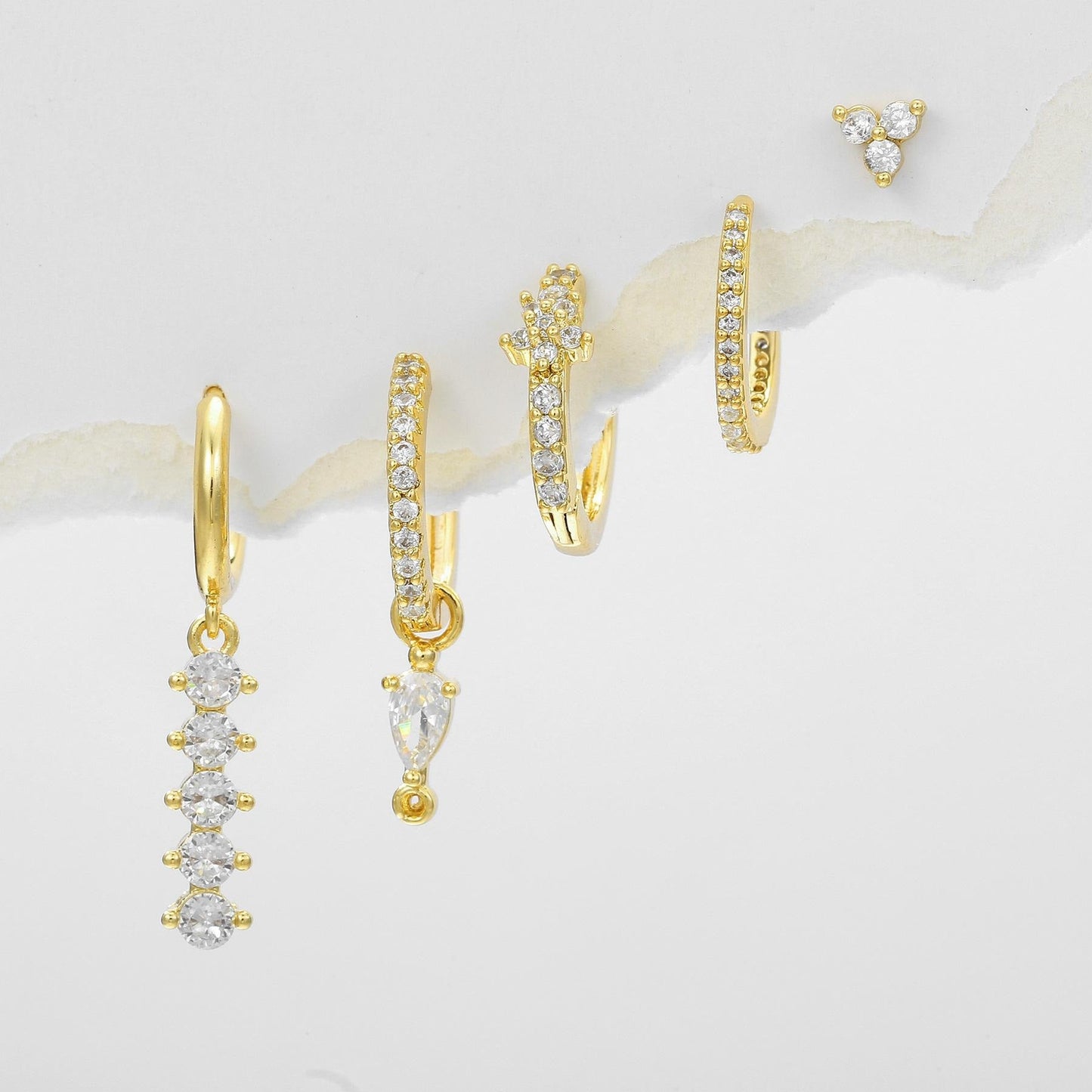 5 Pieces Simple Clover Single-Row Serrated Ear Cuff Earring Set, 18k Gold-Plated Teardrop Zircon Earrings, S925 Needle, Stacked Lobe Designs with Dazzling Zirconia