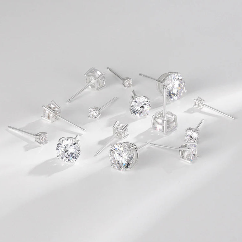 S925 Dazzling Classic 4-Prong CZ Stud Earrings, 2-8mm Round Cubic Zirconia Sterling Silver Earrings, 4 Color Options, Unisex Men Women Daily
