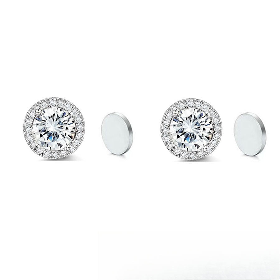 Stainless Steel Magnetic CZ Round Halo Stud Earrings for Men Women, Round Cubic Zirconia Inlaid Magnetic Earrings Non-Piercing Clip On Stud Earring