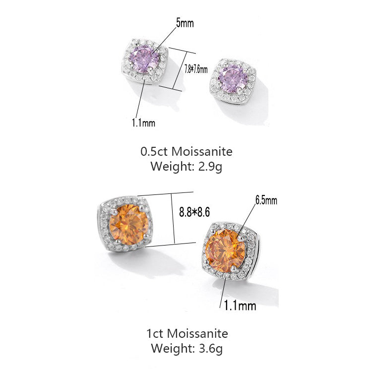 S925 Magnetic Multicolor Moissanite Square Halo Stud Earrings for Men Women, 0.5/1ct Round Cut, Inlaid Magnetic Earrings Non-Piercing Clip On Stud Earring