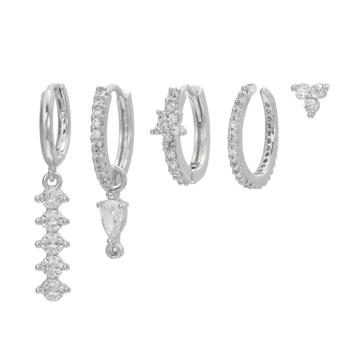 5 Pieces Simple Clover Single-Row Serrated Ear Cuff Earring Set, 18k Gold-Plated Teardrop Zircon Earrings, S925 Needle, Stacked Lobe Designs with Dazzling Zirconia
