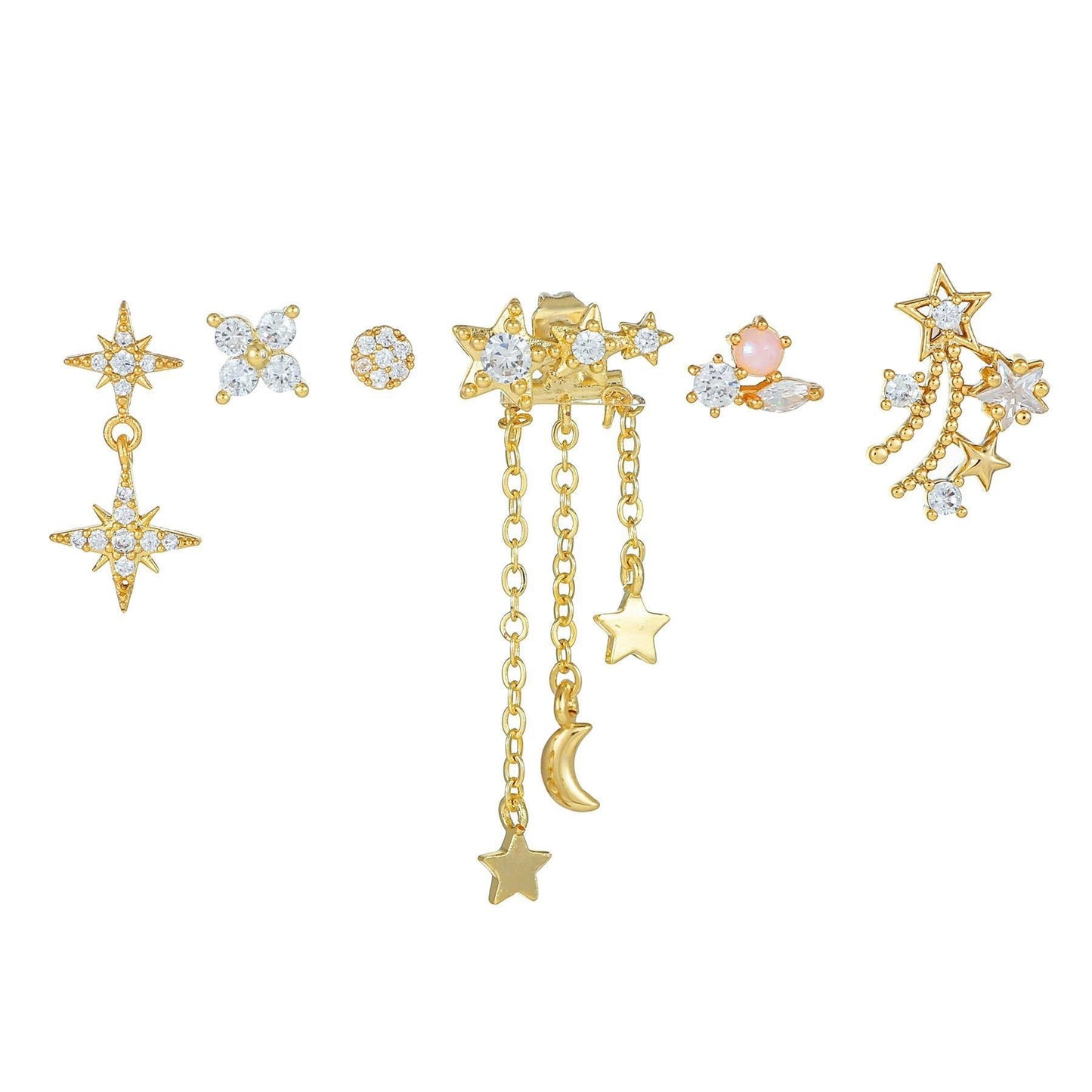 Multi Sets of Chic Star&Moon Earrings, 3-6pcs, 18k Gold Plated Stud Drop Hoop Huggie Cuff Chain, S925 Needle, Stacked Lobe Designs with Dazzling Zirconia