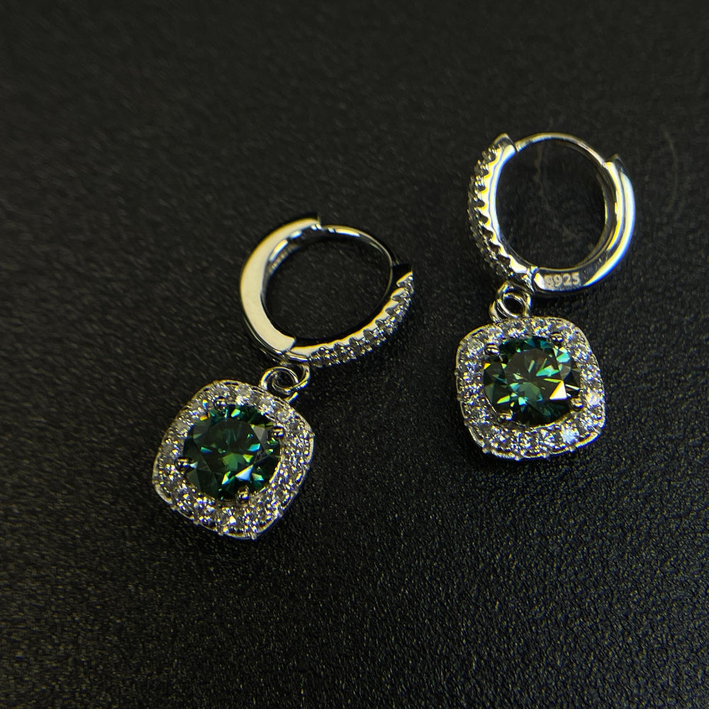 S925 Emerald Green Moissanite or CZ Square Halo Earrings with Pavé-Set Halo & Hoop, 1ct D-Grade VVS1 Round Moissanite with GAR certification, Sterling Silver Earrings