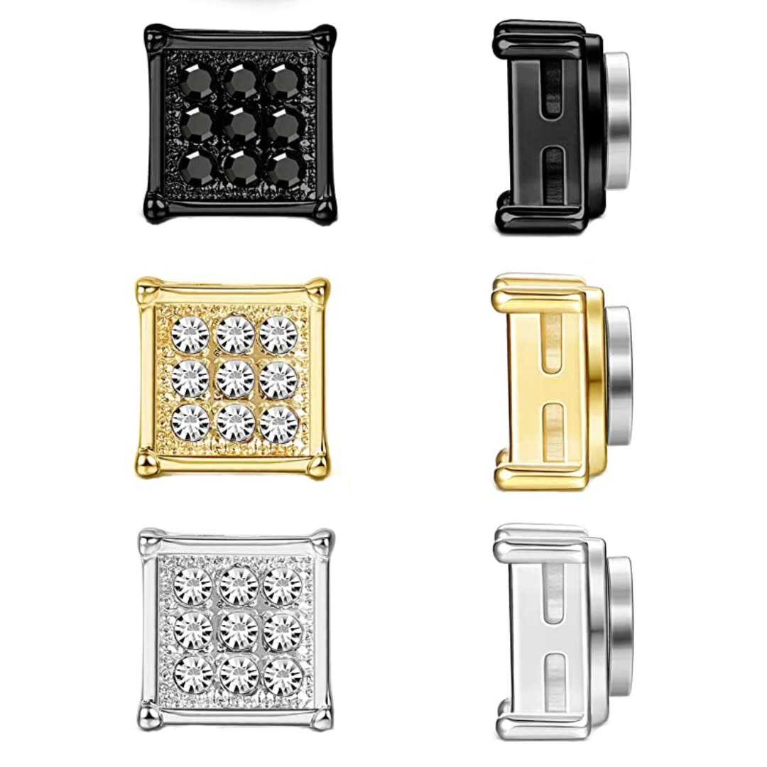 Stainless Steel Magnetic Iced Out CZ Square Stud Earrings for Men Women, 9 Mini Cubic Zirconia Inlaid Magnetic Earrings Non-Piercing Clip On Stud Earring