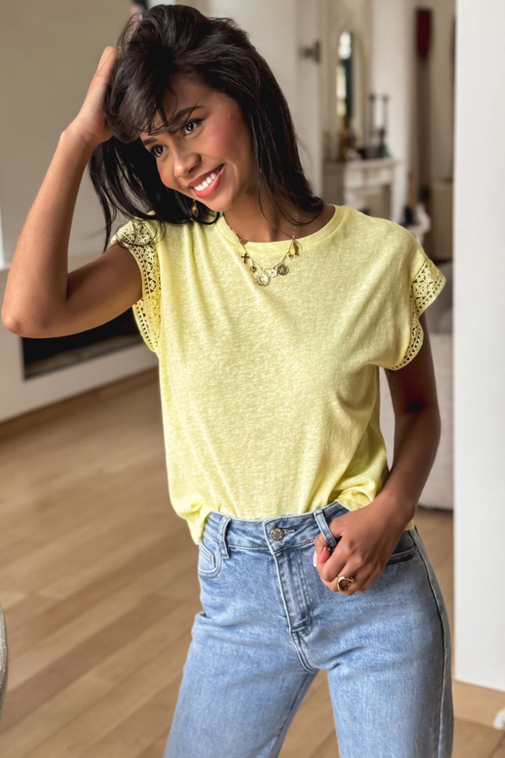 Yellow Cream Lace Patchwork Cap Sleeve Round Neck Top