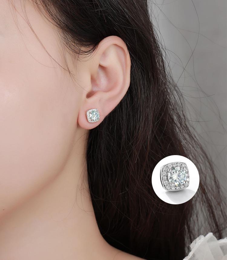 S925 Magnetic Multicolor Moissanite Square Halo Stud Earrings for Men Women, 0.5/1ct Round Cut, Inlaid Magnetic Earrings Non-Piercing Clip On Stud Earring