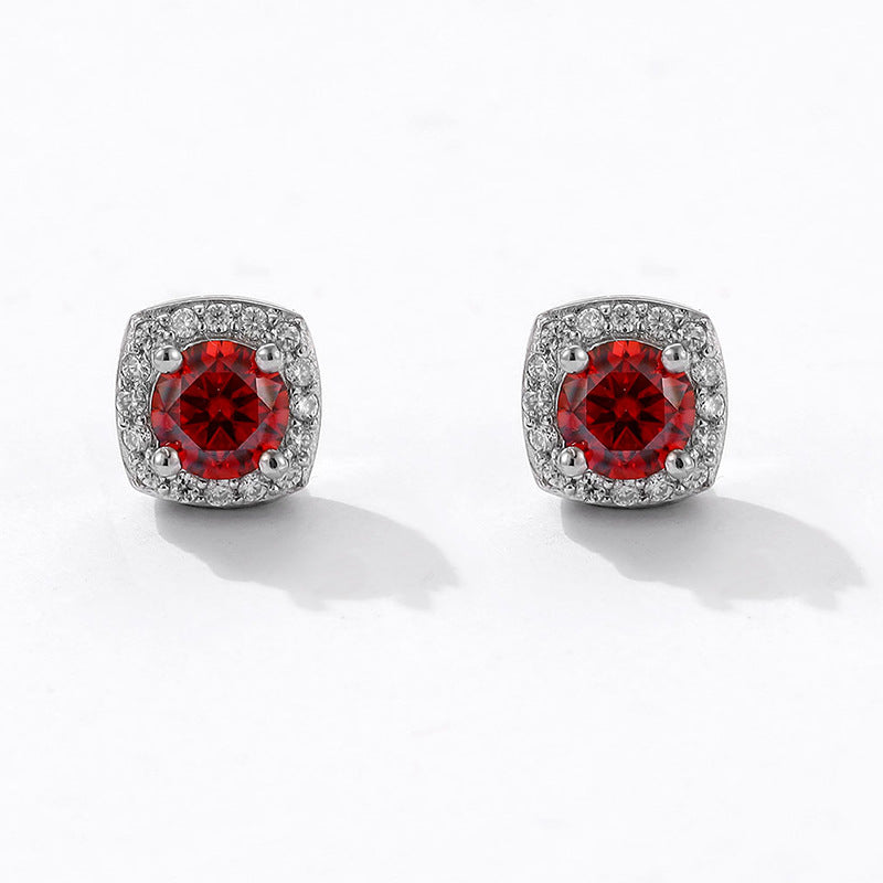 S925 Magnetic Multicolor Moissanite Square Halo Stud Earrings for Men Women, 0.5/1ct Round Cut, Inlaid Magnetic Earrings Non-Piercing Clip On Stud Earring