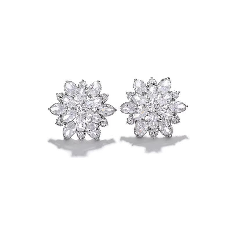 S925 Ice Flower 5A Zircon Stud Earrings, Sterling Silver Jewelry for Women