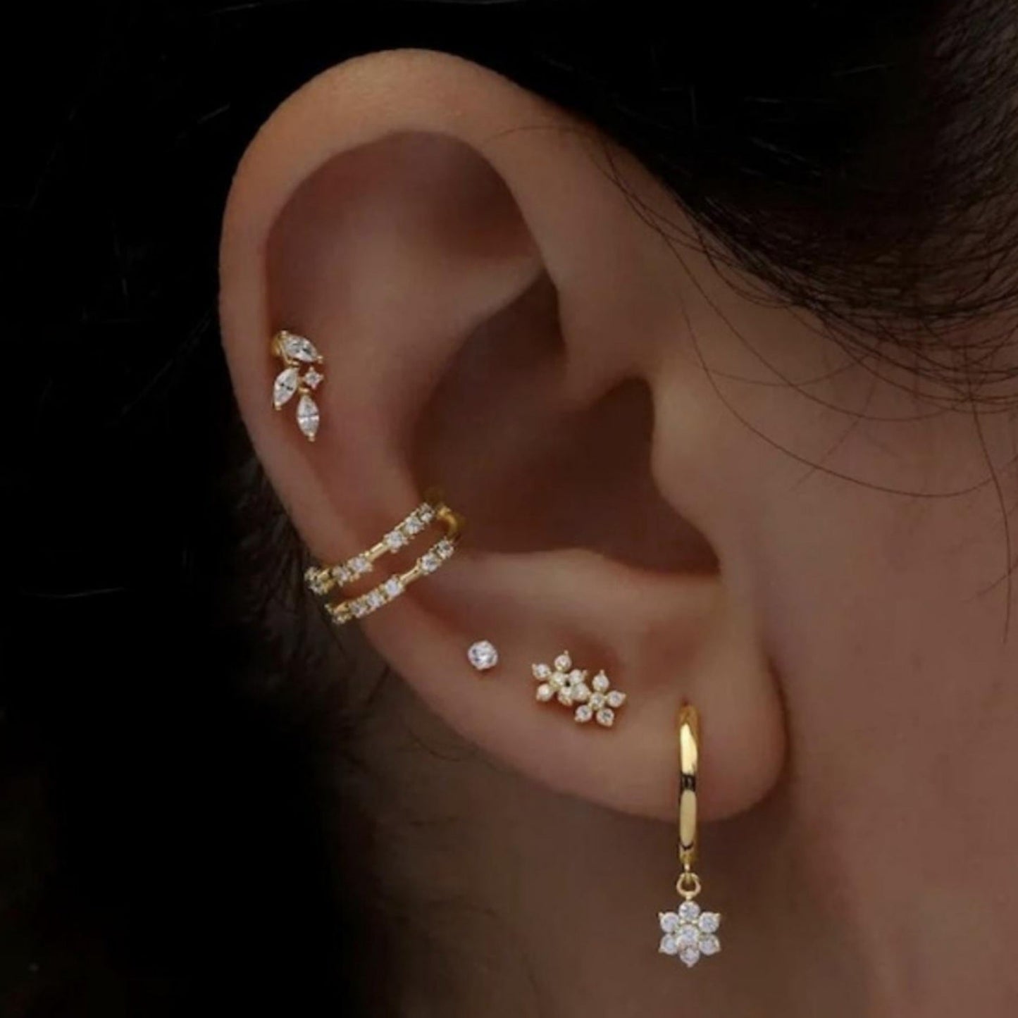 5 Pieces Floral & Geometric Zirconia Earring Set, 18k Gold Plated Studs, Drops & Hoops, S925 Needle, Stacked Lobe Designs with Dazzling Zirconia