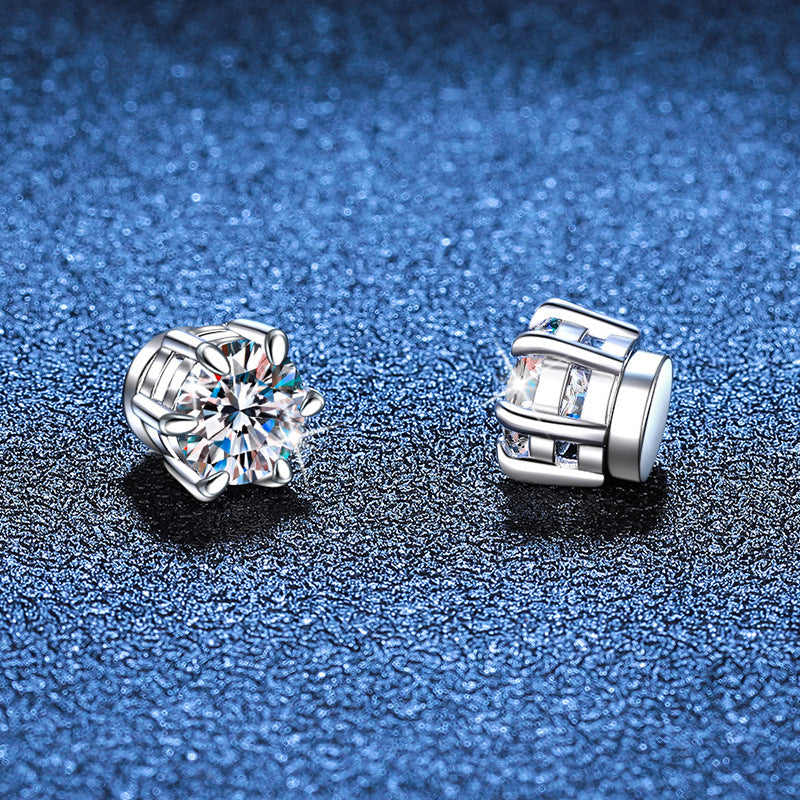 S925 Magnetic Moissanite / CZ Stud Earrings for Men Women, 1ct 6.5mm 6-Prong Round Cut, Inlaid Magnetic Earrings Non-Piercing Clip On Stud Earring