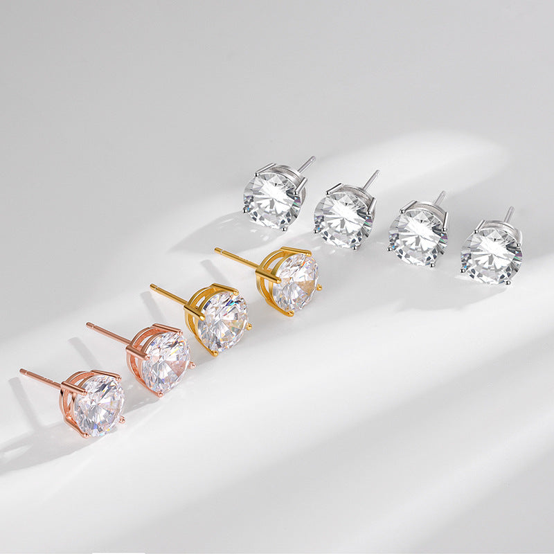 S925 Dazzling Classic 4-Prong CZ Stud Earrings, 2-8mm Round Cubic Zirconia Sterling Silver Earrings, 4 Color Options, Unisex Men Women Daily