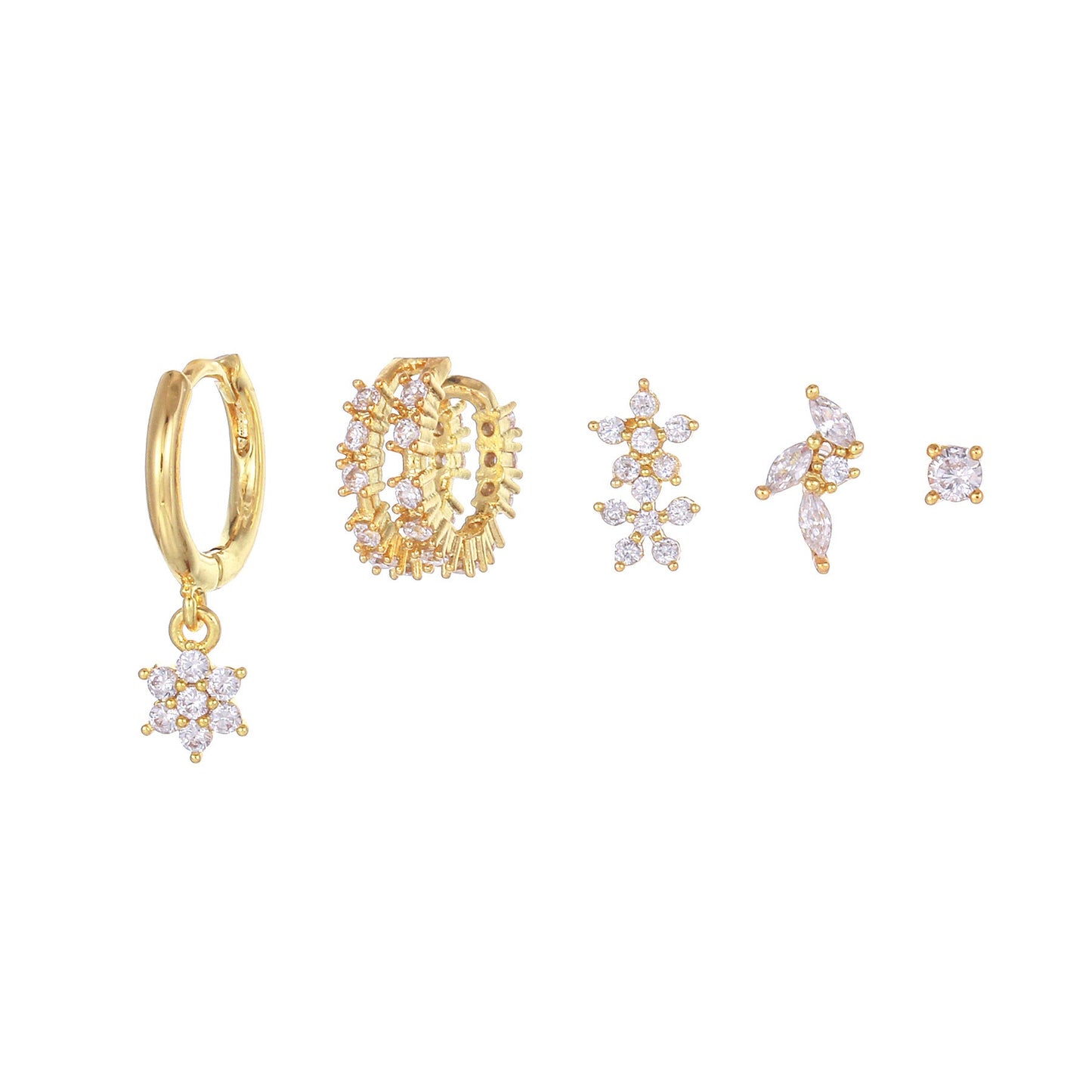 5 Pieces Floral & Geometric Zirconia Earring Set, 18k Gold Plated Studs, Drops & Hoops, S925 Needle, Stacked Lobe Designs with Dazzling Zirconia