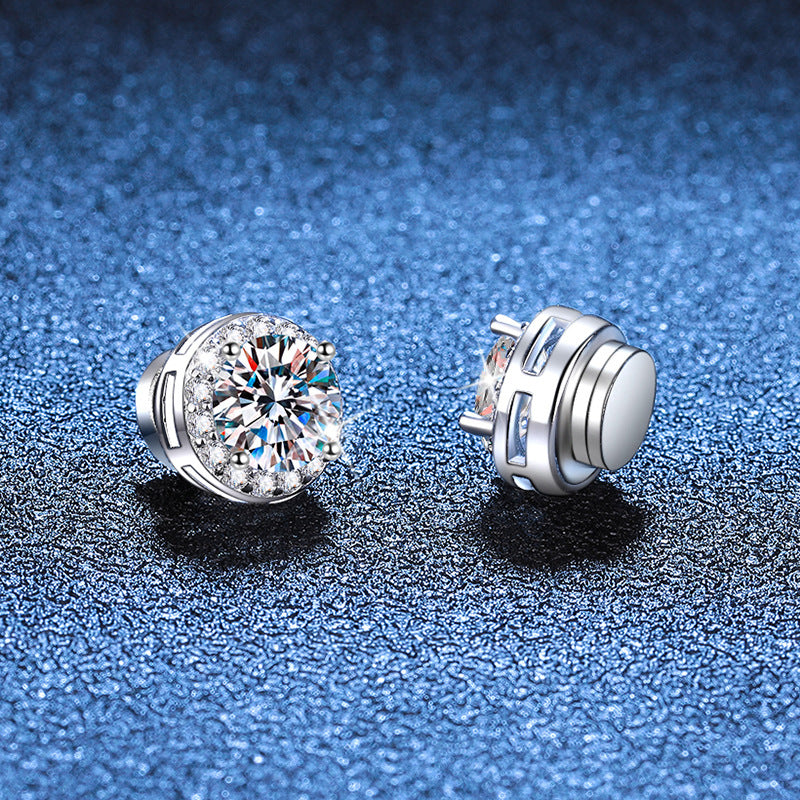 S925 Magnetic Moissanite / CZ Round Halo Stud Earrings for Men Women, 1ct 6.5mm Round Cut, Inlaid Magnetic Earrings Non-Piercing Clip On Stud Earring