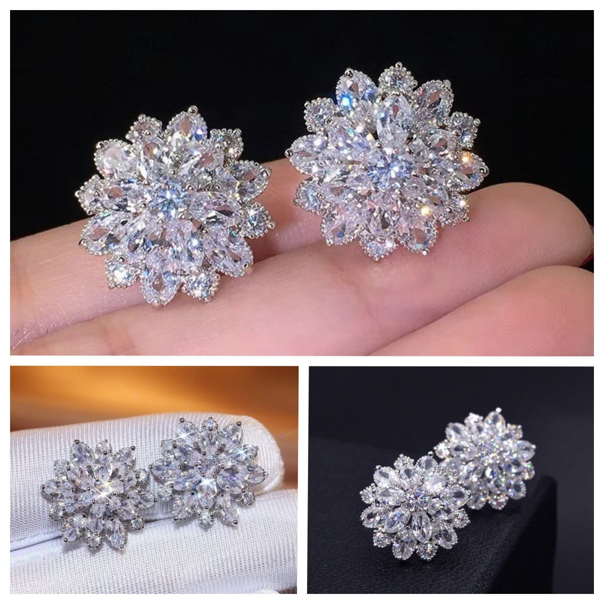S925 Ice Flower 5A Zircon Stud Earrings, Sterling Silver Jewelry for Women