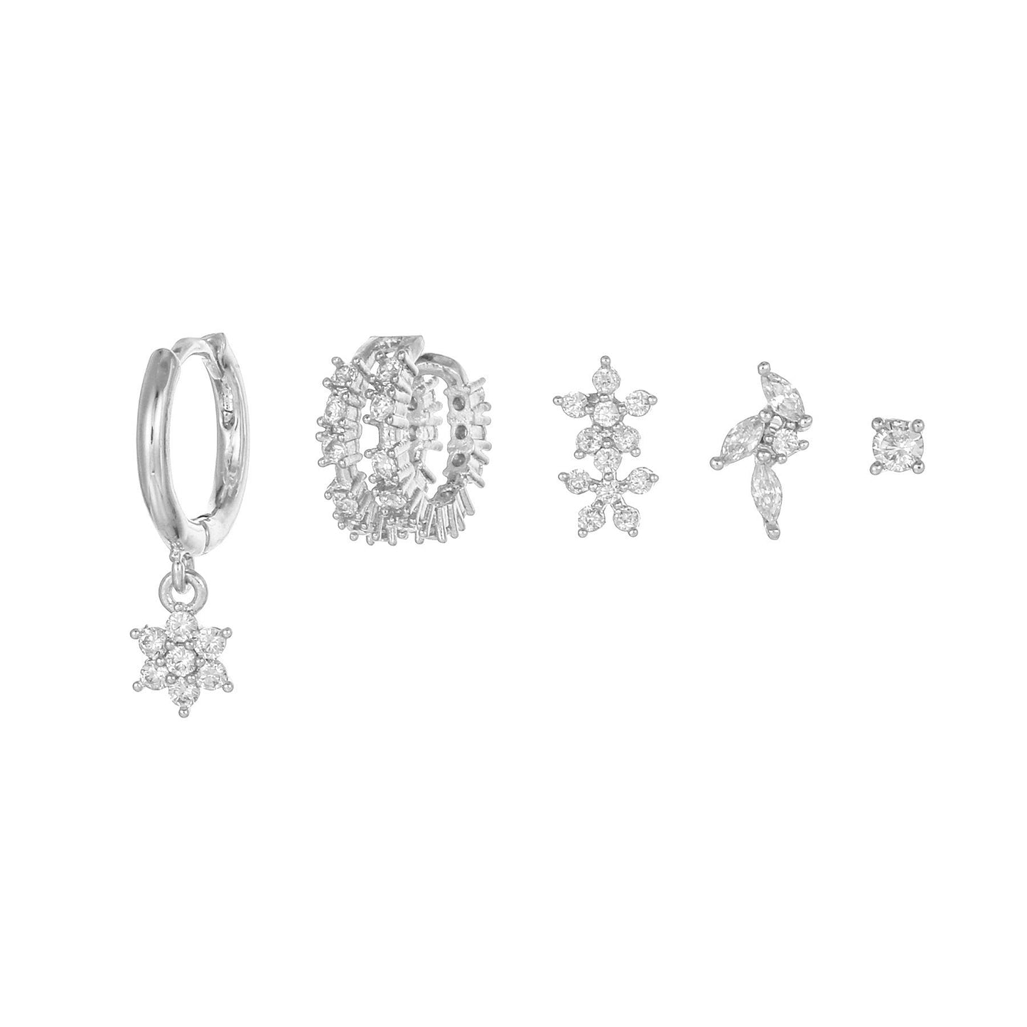 5 Pieces Floral & Geometric Zirconia Earring Set, 18k Gold Plated Studs, Drops & Hoops, S925 Needle, Stacked Lobe Designs with Dazzling Zirconia