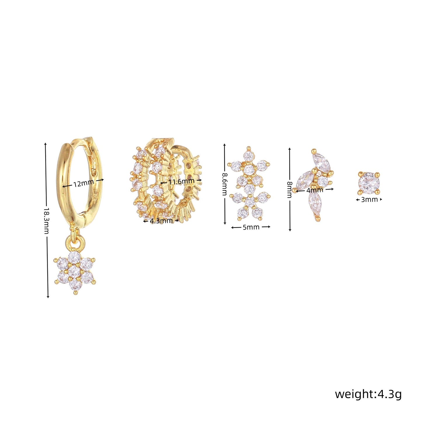 5 Pieces Floral & Geometric Zirconia Earring Set, 18k Gold Plated Studs, Drops & Hoops, S925 Needle, Stacked Lobe Designs with Dazzling Zirconia