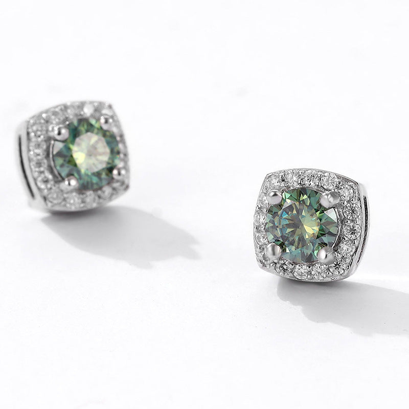 S925 Magnetic Multicolor Moissanite Square Halo Stud Earrings for Men Women, 0.5/1ct Round Cut, Inlaid Magnetic Earrings Non-Piercing Clip On Stud Earring